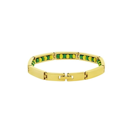 Stainless Steel Gold Tone Green & Yellow Santeria Babalawo Orula Bracelet 8"