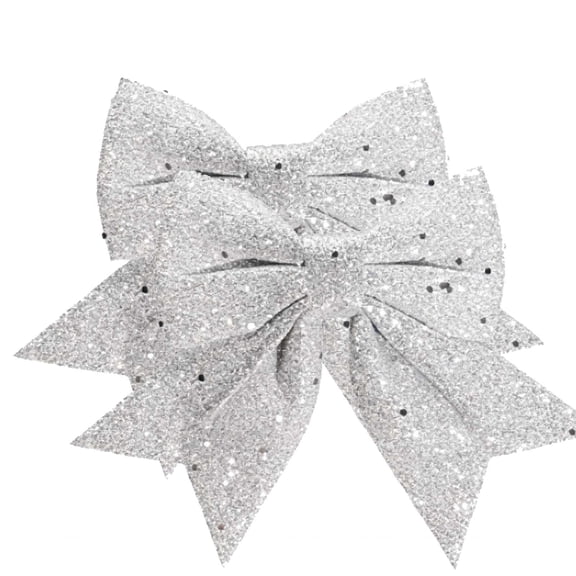 2 PCS Silver Glitter Bow Decorations, 4.72x5.91 Inch Sparkling Decorative Bow Ribbon Wreaths Ornaments for Gift Wrapping Wedding Christmas Party Home Decor