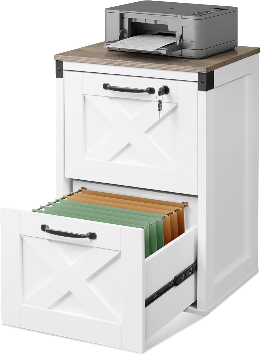 2 Drawer File Cabinet with Lock, Wood Farmhouse Filing Cabinet for Home Office, Printer Stand Fits Letter and A4 Size, Gray Oak