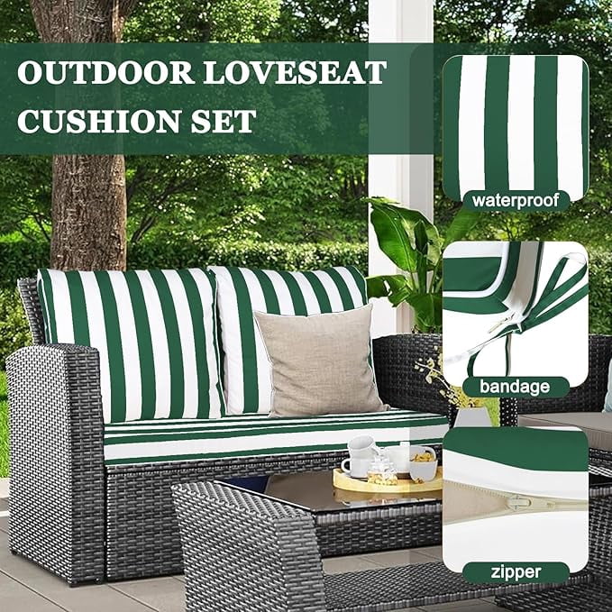 Outdoor Loveseat Cushion Set, 48 x 24 inch, Water Repellent Patio Furniture Cushions Replacement with Removable Cover(Green White Stripe)