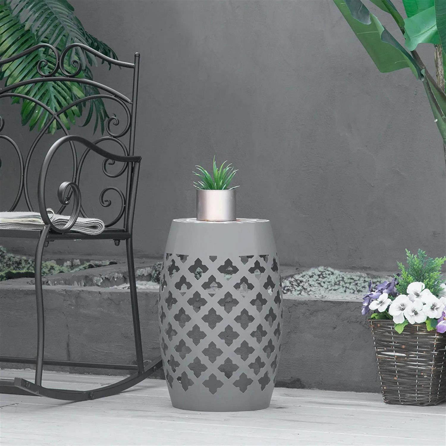 Demi Bonn 12" Patio Round Side Table, Outdoor Footstool Plant Stand, Garden Mosaic Decorative End Table for Backyard, Lawn, Balcony, Porch, Gray