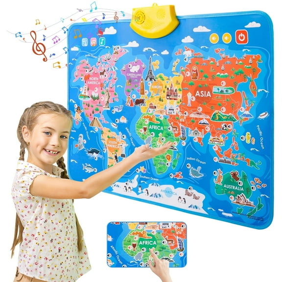 Interactive World Map for Kids Learning and Educational Toys, Talking Electronic Kids World Map Poster, Geography Electronic Games Ages 3 to 12 Years Old, Custom Talking Gifts for Boys & Girls