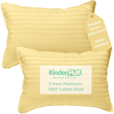 kinder Fluff Toddler Pillow (2Pack) 10x15in - First Pillow for Kids Age 2+, 100% Cotton Sateen Stripes Shell 300T, Down Alternative Fill, Machine Washable - Children & Travel Cushion - Yellow - XS