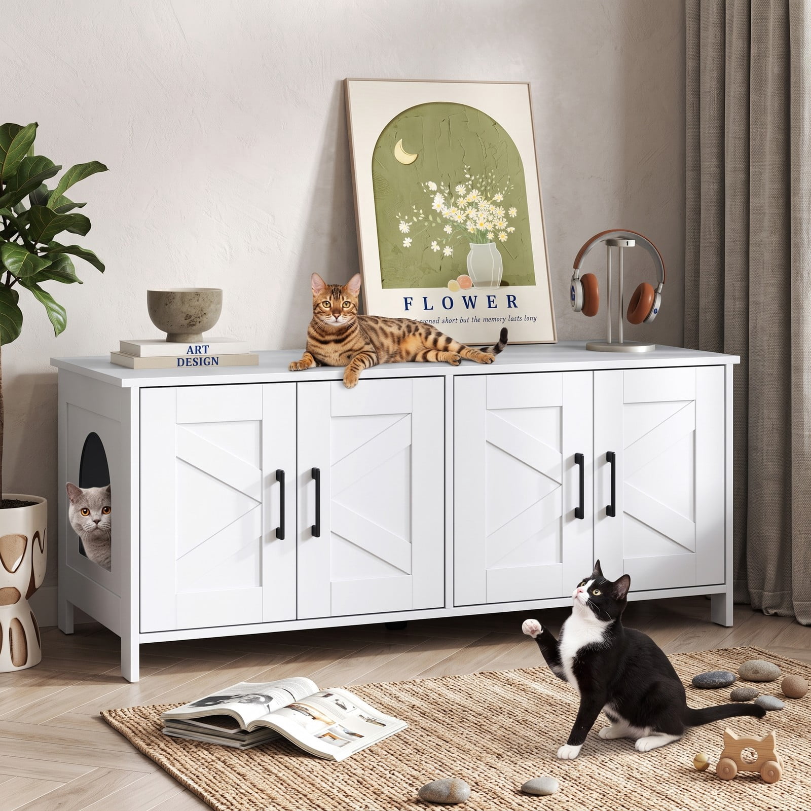 ALPULON Cat Litter Box Enclosure for 2 Cats Modern Kitty Litter Box Furniture Cabinet Hidden Washroom Side Table with Barn Doors and Tabletop, White