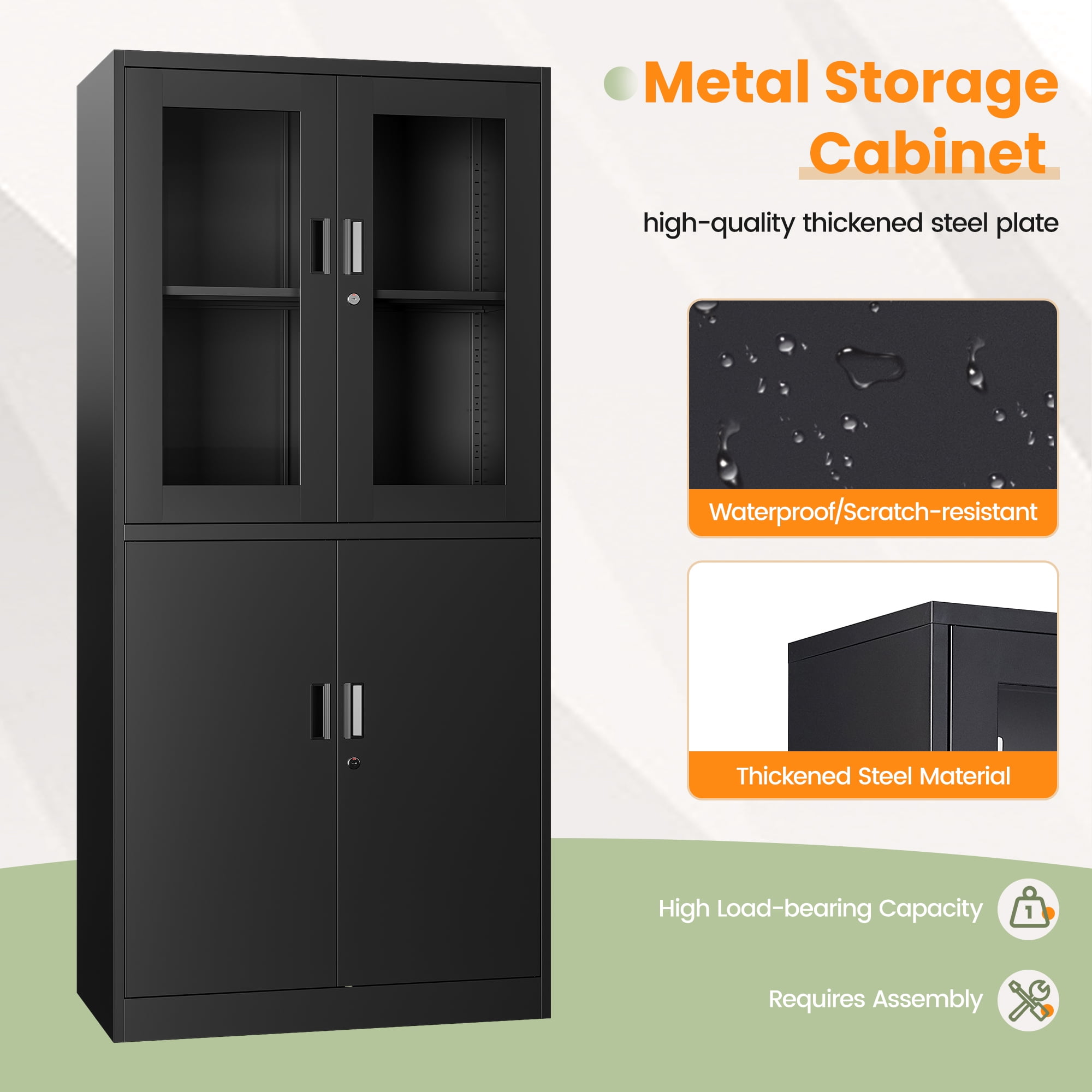 STANI Heavy Duty Metal Cabinet with Lock, Tall Office Storage Cabinet with Glass Door, Lockable Black Steel Cabinet with 2 Adjustable Shelves for Home, Clinic, Pantry, Basement