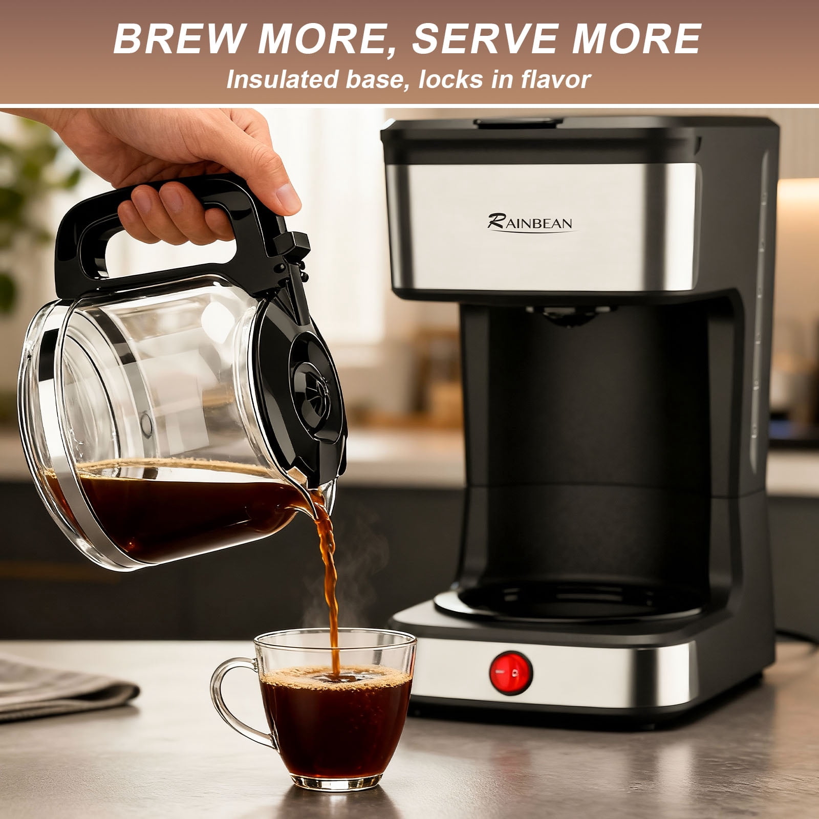 RAINBEAN 12 Cup Drip Coffee Maker,Home Office Coffee Brewing Machine with Removable Filter,Glass Carafe and Heated Base Black & Stainless Steel