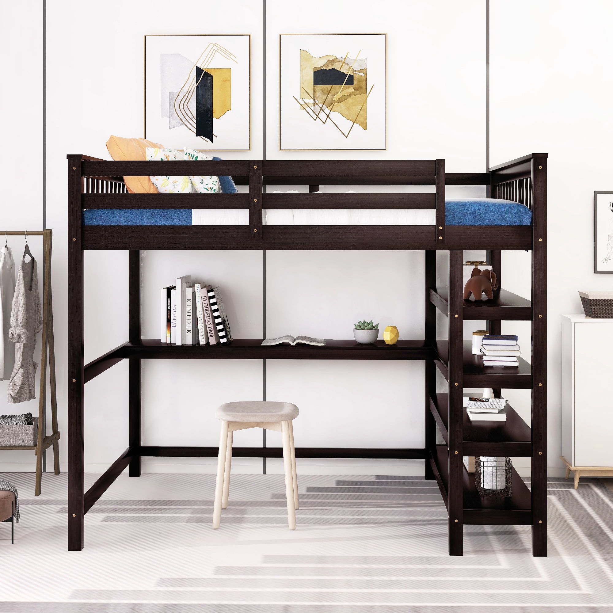 Euroco Solid Wood Full Size Loft Bed with Desk and 4-Tier Storage Shelves for Kids Teens Adult Bedrrom, Espresso