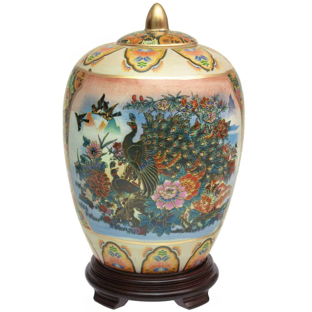 11" Satsuma Ladies & Peacock Porcelain Vase Jar