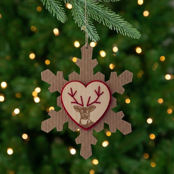 Melrose 6.75" Rustic Embroidered Craft Snowflake with Reindeer Stamp Christmas Ornament - Brown/Red