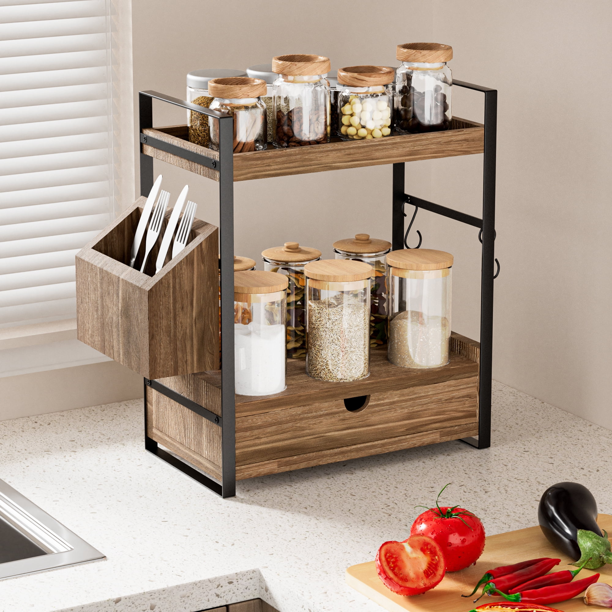 Gijjgole 2-Tier Bathroom Counter Organizer with Drawer and Basket, Wood Countertop Organizer for Storage, Skincare Organizers for Vanity, Counter Shelf for Bathroom Organization