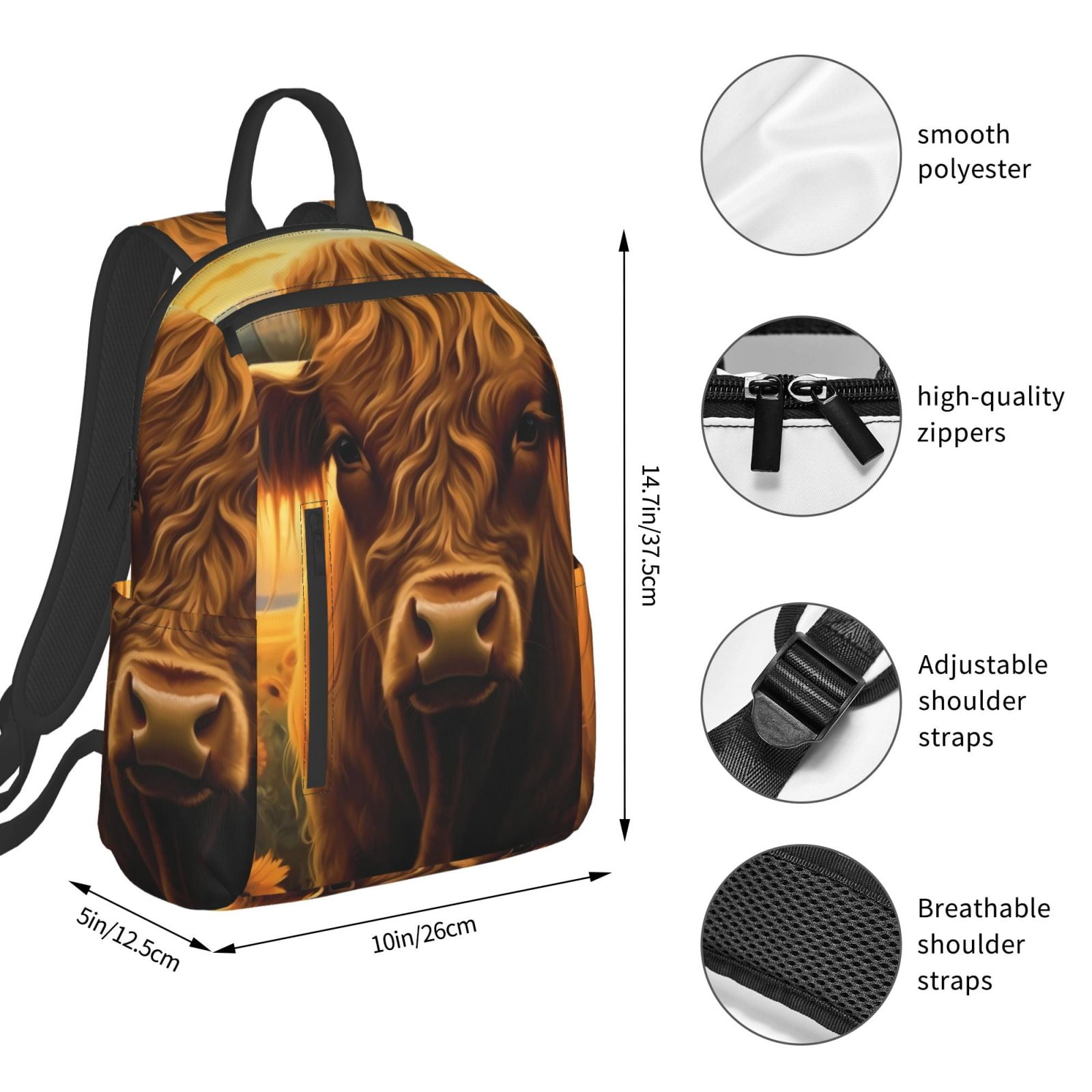 Xecao Sunset Sunflower Cow A print Backpack For women men Aesthetic Lightweight Travel Daypack Simple Cute Backpack For Bookbag