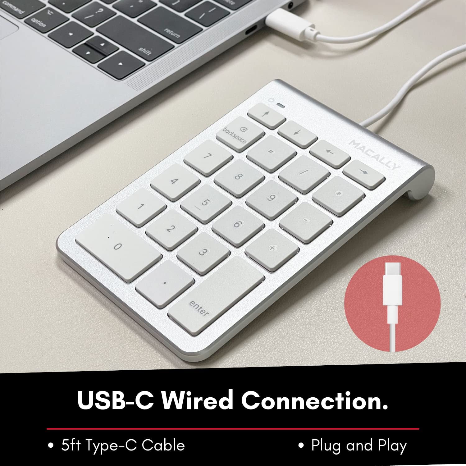 Macally Portable Thin Wired USB-C Number Pad Keyboard - Numeric Keypad for Laptops, Mac, Windows PCs - Silver