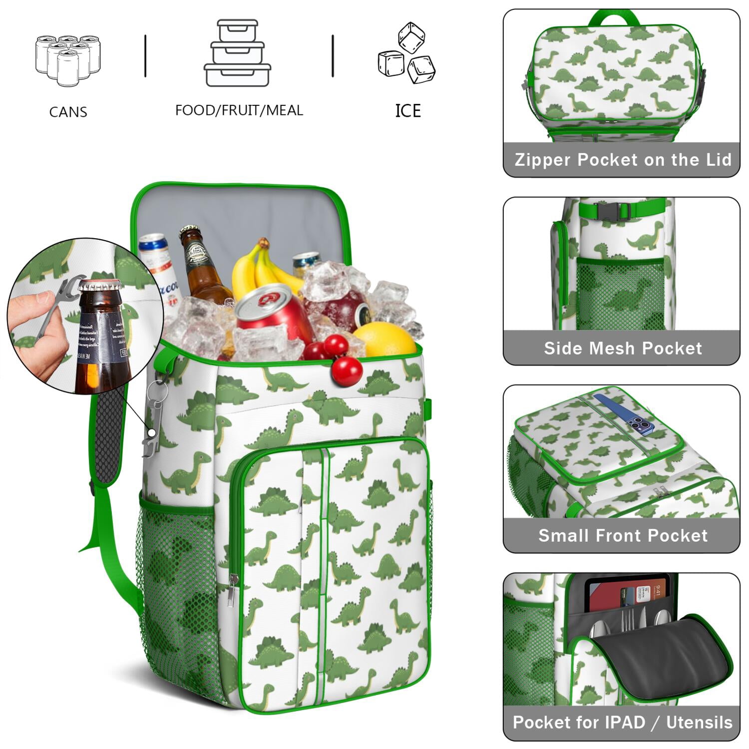 Travel Cooler Bag - White Green Dinosaurs Pattern Camping Beer Cooler Backpack with Bottle Opener- Waterproof Insulated Picnic Backpacks - Cooler Bag for Beach