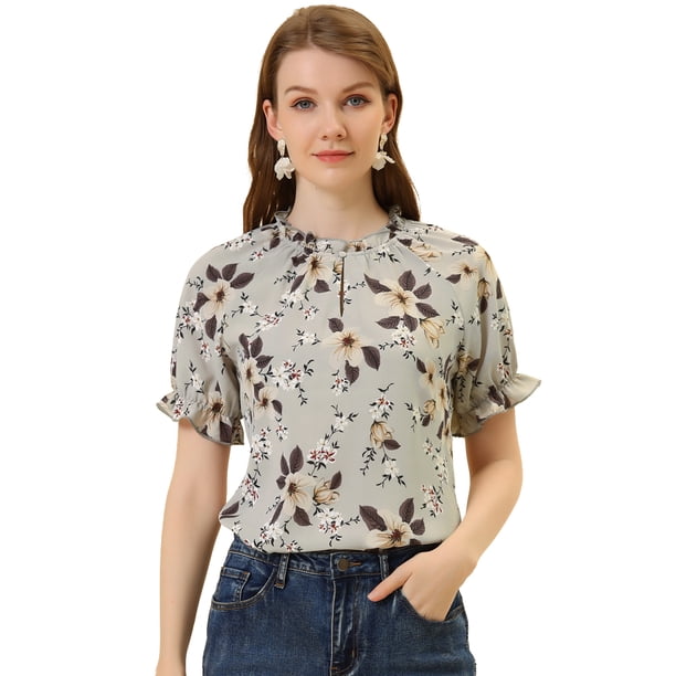 Blusas de mujer con volantes de manga corta floral con cuello simulado y volantes Gris M