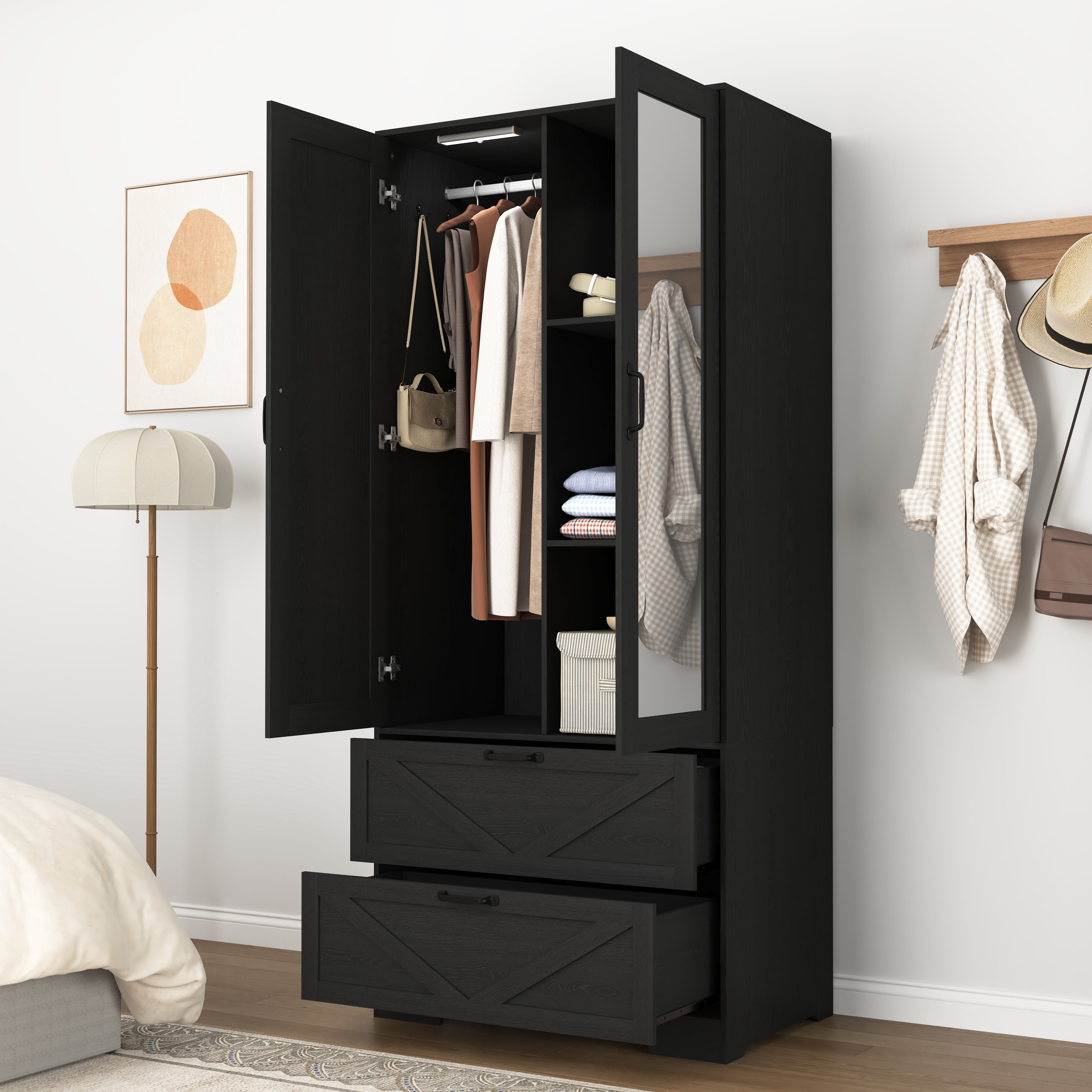 Mintazer 71" Tell Wardrobe Armoire with Mirror Door & 2 Large Drawers and Built-in Induction Light, Freestanding Clothing Storage Cabinet with Hanging Rod & Shelves for Bedroom, Black