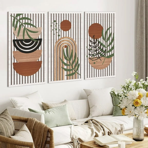 Boho Wood Wall Art Mid Century Wood Wall Decor Geometric Boho Wood Wall Sculptures For Living Room Bedroom Office 16X32 Inch Set Of 3