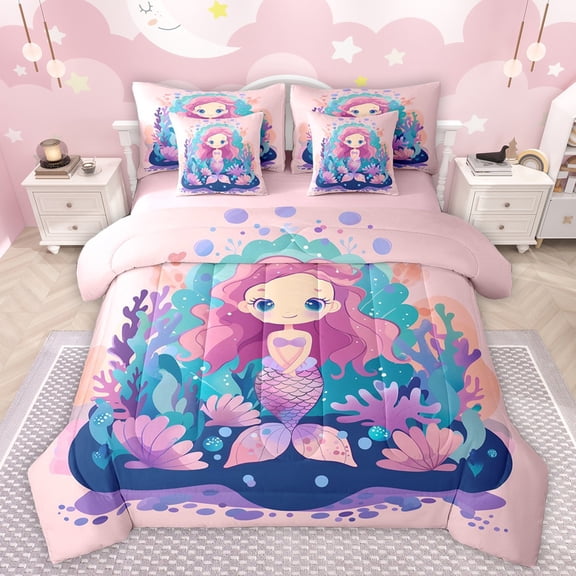 Manfei Cartoon Mermaid Girl Twin Bedding Sets 7-Piece,Ocean Princess Bedding Comforter Set Microfiber,Kawaii Sea Animal Breathable Sheet Sets,Ultra Soft Home Decor,Reversible