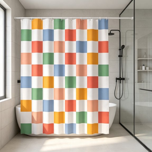 Checkered Shower Curtain Colorful Mosaic Art Fabric Bath Curtain With Reinforced Grommet Holes Quick‑Drying Waterproof Privacy Curtain for Bathroom Bathtub Shower Stall Use