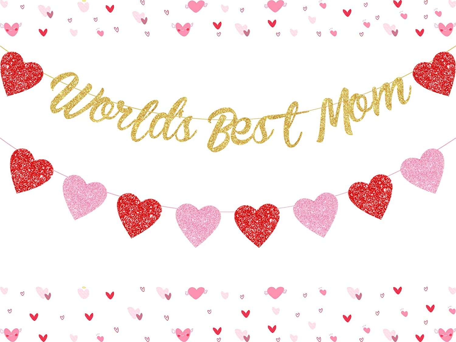 World's Best Mom Banner, Mother's Birthday Decorations, Glittery Heart