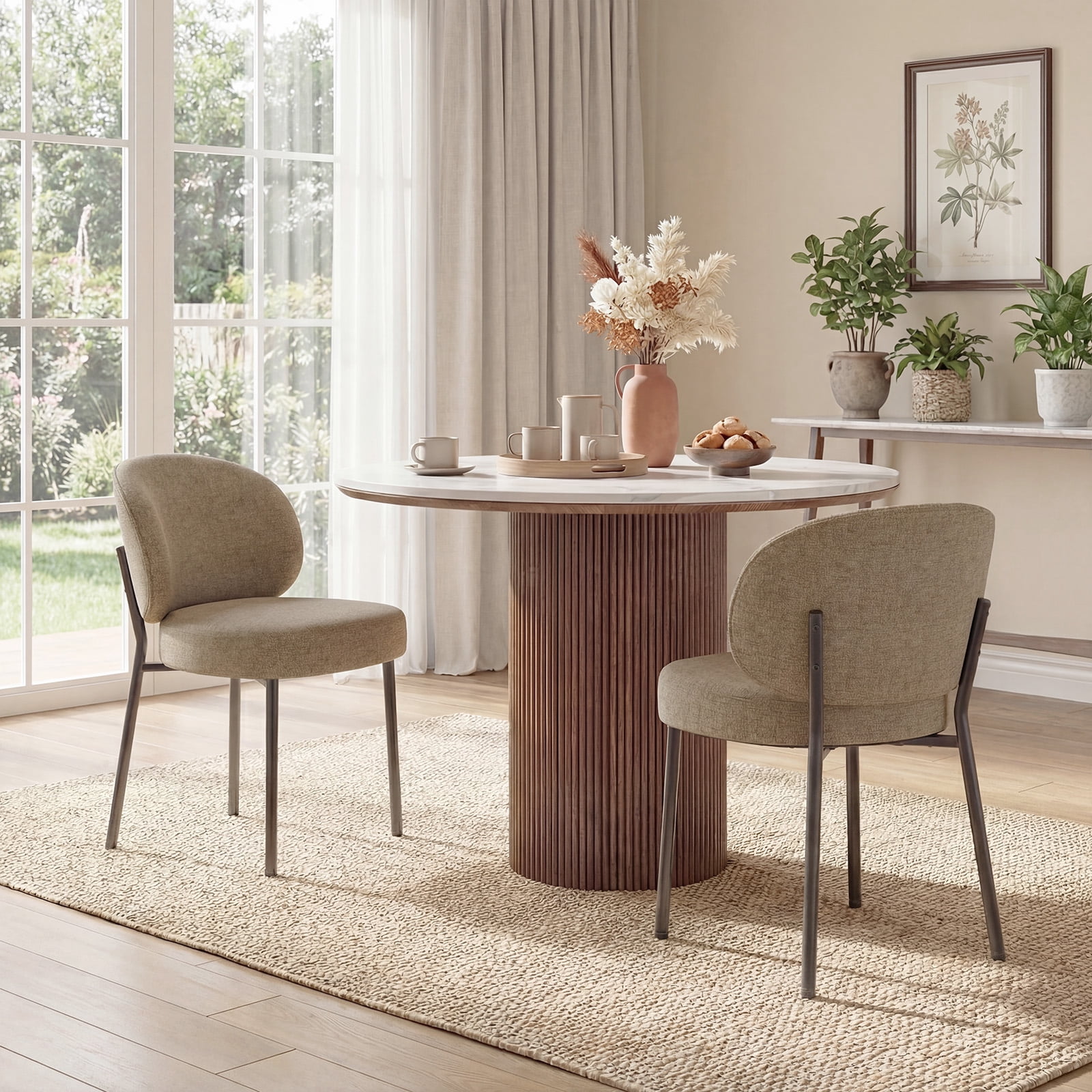 Set of 6 Upholstered Modern Dining Chairs, Mid Century Kitchen Chairs with Curved Backrest and Metal Legs for Dining Room, Living Room, Camel