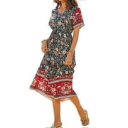Zdcdcd Womens Short Sleeve V Neck Floral Print Sundress Casual Long Maxi Dress