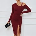 thumbnail image 5 of SWSMCLT Women's Long Sleeve High Split Bodycon Dress Sexy Drawstring Ruched Cold Shoulder Mini Dresses Burgundy Small, 5 of 5
