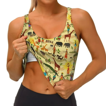 Qokaie Ethnic African Pattern Womens Scoop Neck Sports Bra Breathable Workout Vest Padded U Back Medium Impact Fitness Gym Yoga Bra Workout Crop Top