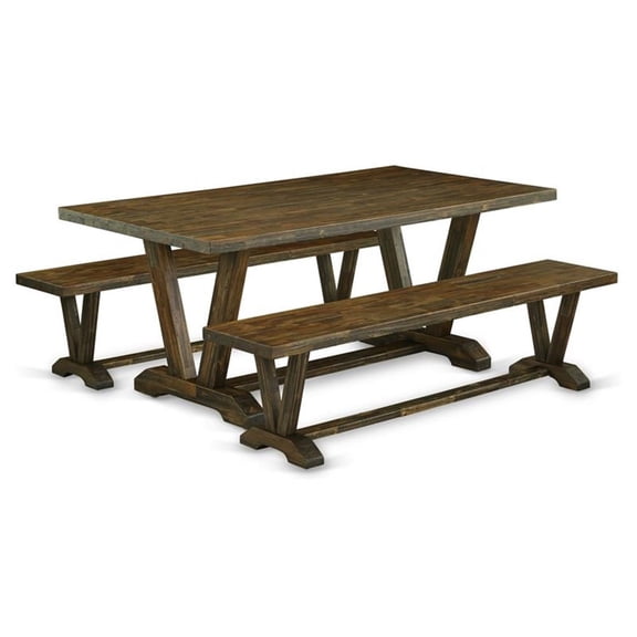 East West Furniture V2-777 3 Piece Kitchen Dining Table Set - 1 Distressed Jacobean Wood Dining Table and 2 Dining Room Bench - Distressed Jacobean Finish