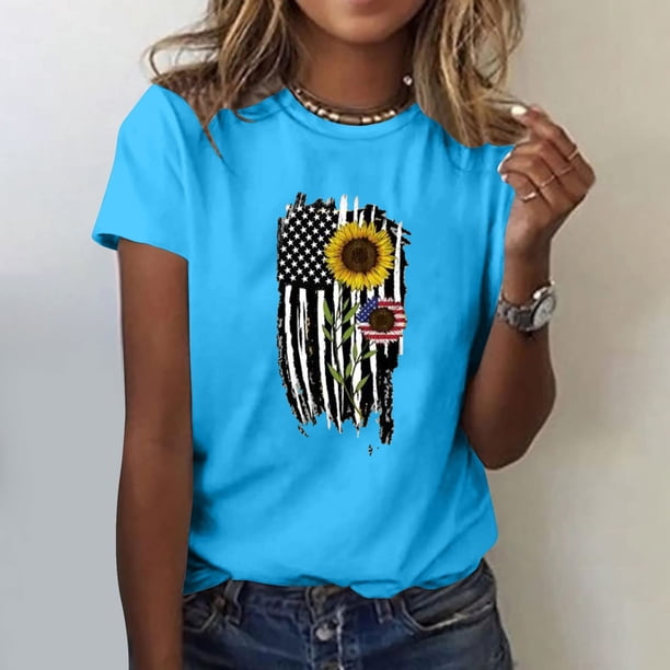 Fiudx Liquidación de Ahorros de Verano Mujer Casual Verano Impresión Manga Corta Cuello Redondo Suelta Camiseta Blusa Tops