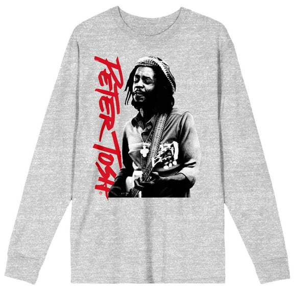 Peter Tosh Artist Playing Guitar Crew Neck Long Sleeve Athletic Heather Adult Tee-Medium