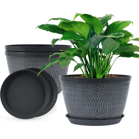 10 Inch Flower Pots Planters for Outdoor Indoor, 3 Pack Plastic Plant Pots with Drainage Hole & Tray, Modern Decorative Garden Pot with Saucer, planters for House (Gray)