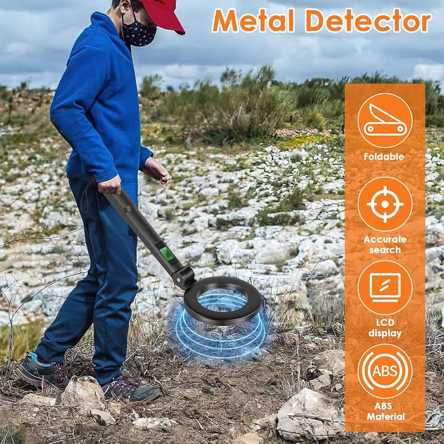 Foldable Handheld Metal Detector, Portable 360° Scanning Metal Tool with LCD Display and 3 Adjustable Modes High Sensitivity Lightweight Metal Detector, for Finding Gold and Sliver Rings