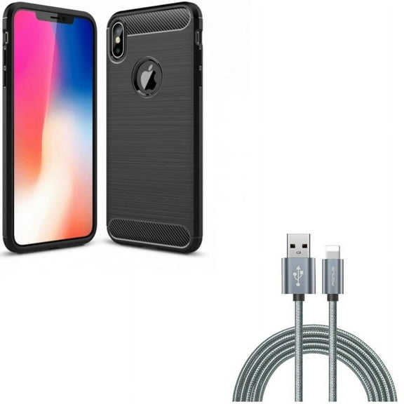 Charger Cord 10ft USB Cable w Carbon Fiber Case for iPhone XS Max - Power Wire Braided Long Sync and Slim Fit Cover Reinforced Bumper Shock Absorbent Black
