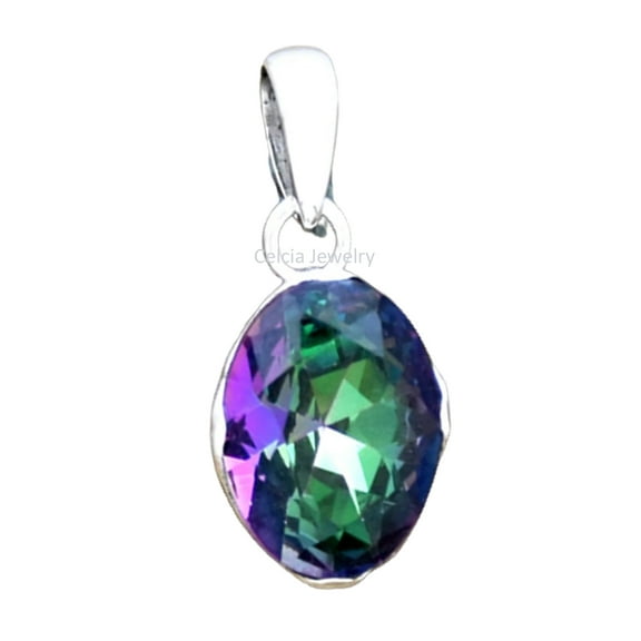Solid 925 Sterling Silver Pendant For Men Women, Natural Mystic Topaz Faceted Oval Gemstone Amazing Handcrafted Jewelry For Her Him