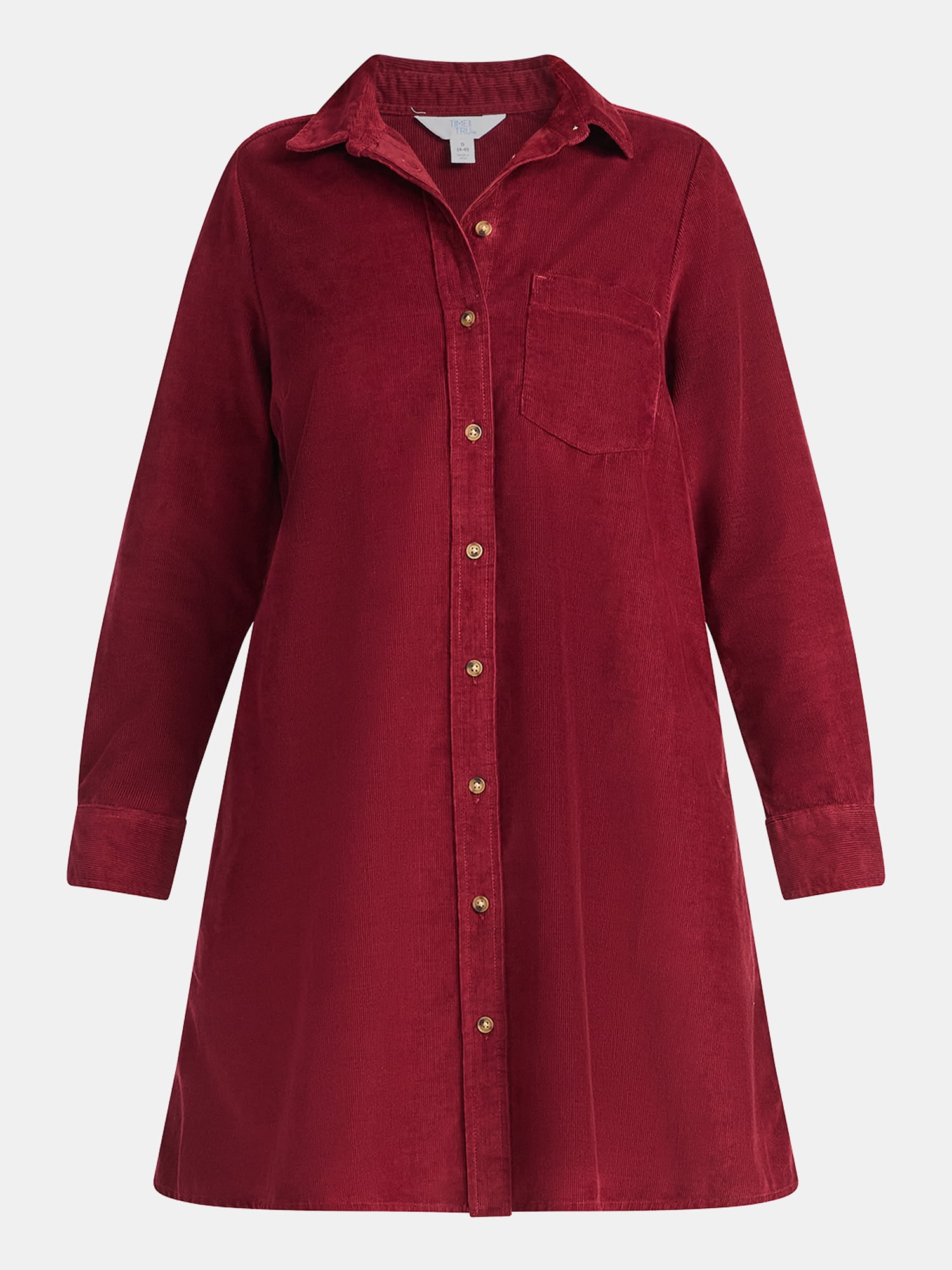Time and Tru Women's Corduroy Shirtdress with Long Sleeves, Sizes XS – XXXL