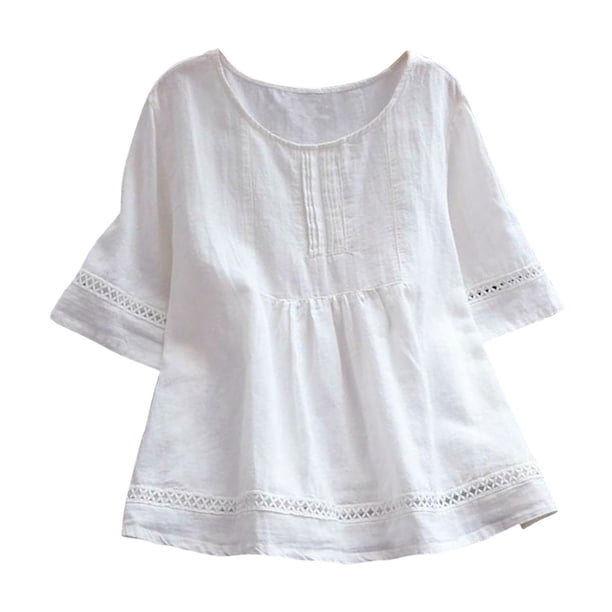 Top de mujer con cuello redondo y manga media - Camiseta lisa con costuras huecas - Tejido suave y elástico, informal/playa/fiesta, lavar a mano en frío