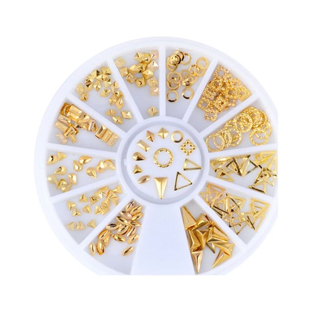 120 Pcs Rose Gold Rivet Nail Studs Oval Circle Square Triangle Hollow Frame Mixed Metallic Nails DIY 3D Nail Decoration
