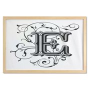 Letter E Wall Art with Frame, Capitalized E Alphabet Geometrical Design Lines Swirls Dark Color Spectrum, Printed Fabric Poster for Bathroom Living Room, 35" x 23", Black Grey White, by Ambesonne