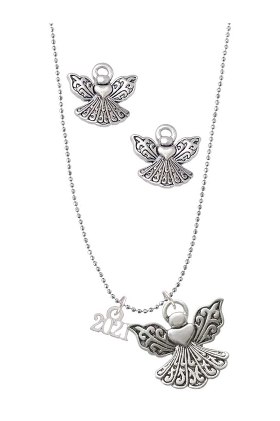 Silvertone Mini Year 2021 Silver tone Guardian Angel Charm Necklace and Stud Earrings