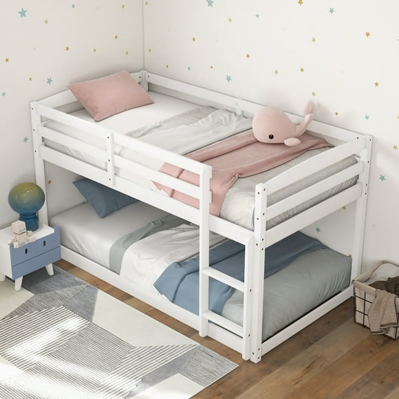 Costway Twin over Twin Low Bunk Bed with Guardrails Integrated Ladder Kids Wooden White