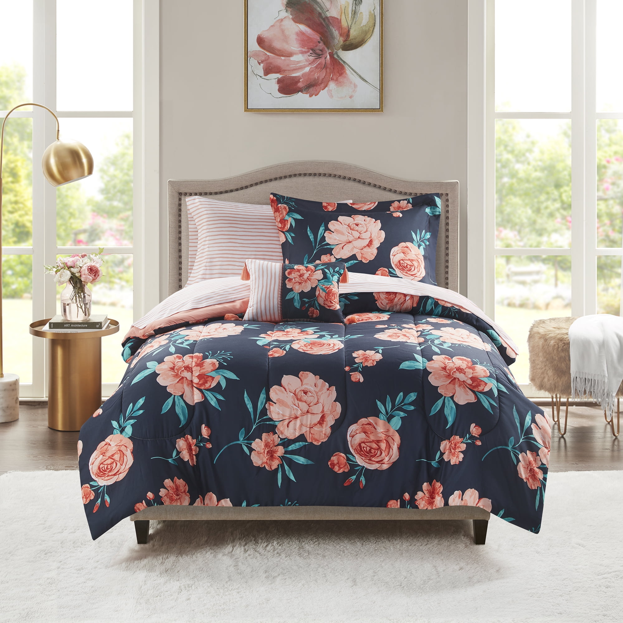 Mainstays Peach Floral 6 Piece Bed in a Bag Comforter Set with Sheets, Twin/Twin XL