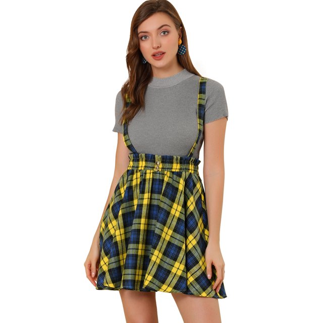 Falda de Tirantes Plisado a Cuadros con Cintura Elástica Allegra K Amarillo XS