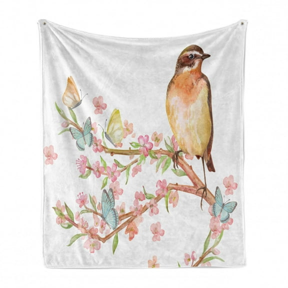 Spring Soft Flannel Fleece Throw Blanket, Watercolor Painting of a Bird on a Tree Branch with Blossoms and Butterflies, Cozy Plush for Indoor and Outdoor Use, 70" x 90", Multicolor, by Ambesonne