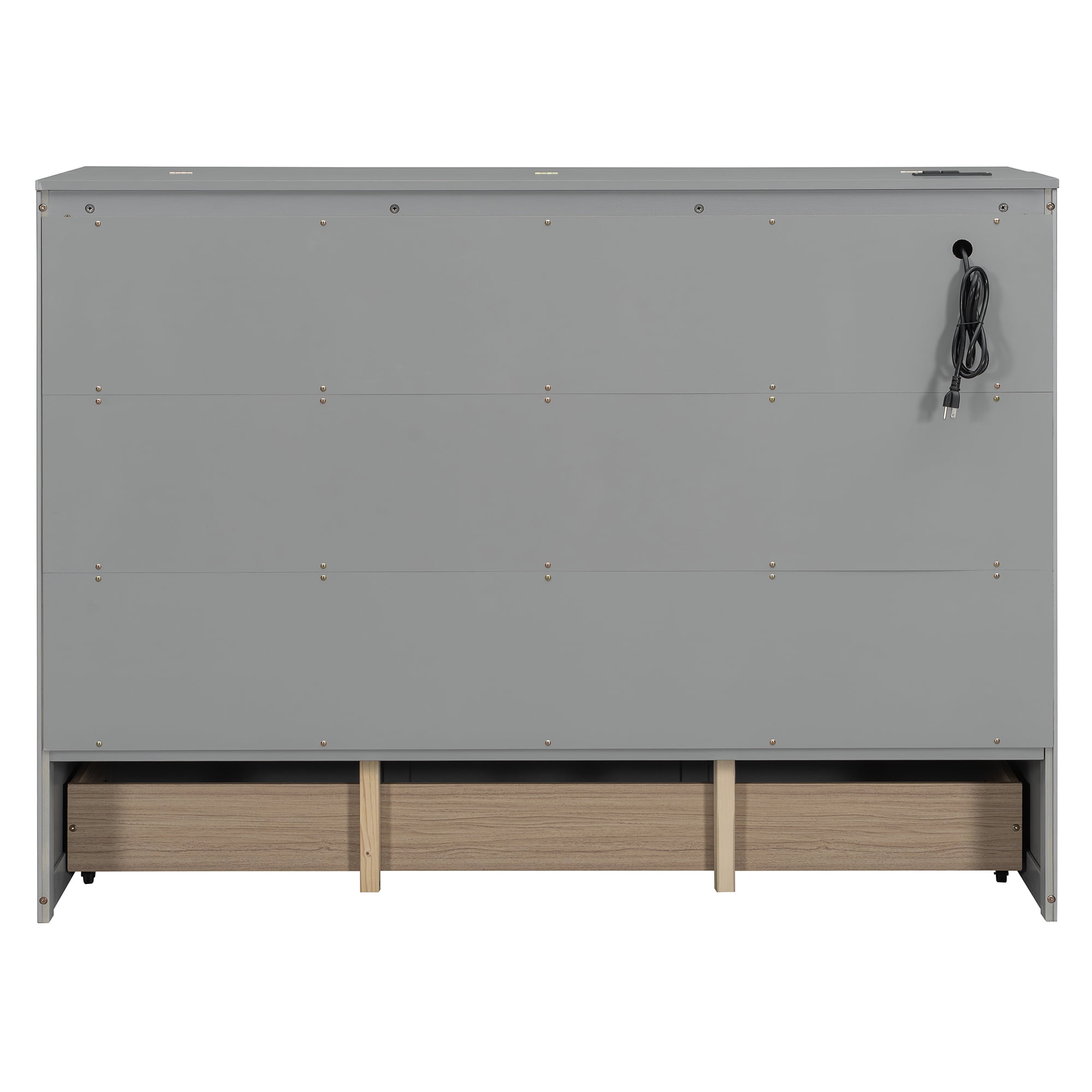 Mintazer Queen Size Murphy Bed with Charge Station & 3 Storage Drawers, Farmhouse Geometric Pattern Foldable Cabinet Wall Bed for Guest Room Small Apartment, Gray