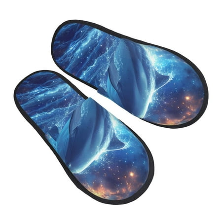 

KLL Beautiful Ocean Dolphin Slippers for Women Men House Slip on Indoor Outdoor Bedroom Furry Fleece Lined Ladies Comfy Anti-Skid Rubber Hard Sole-Large