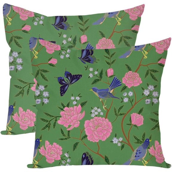 Grand Millenial Throw Pillow Covers 18x18 Inch Pink Floral Butterfly Bird Chinoiserie Green Vintage Outdoor Spring Decorations Decorative Throw Pillows Cases Set of 2 for Home Couch Decor