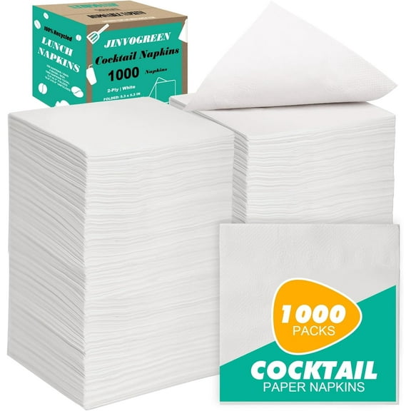 1000 Count Cocktail Napkins Bulk 2-Ply White Beverage Paper Napkins Disposable for Bars, Lunch, Parties, Restaurant and Everyday Use - 5.3 x 5.3 Inch Folded