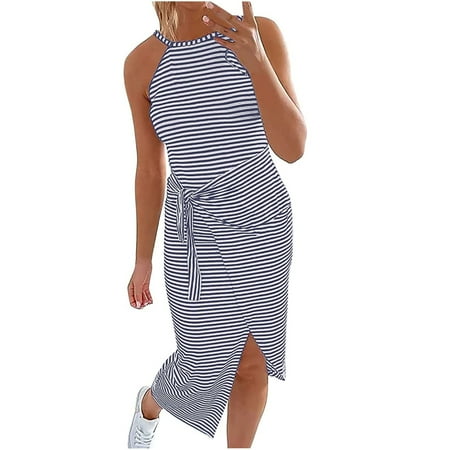 

jsaierl Women s New Fashion Halter Neck Sleeveless Striped Printing Leisure Dresses for women 2023