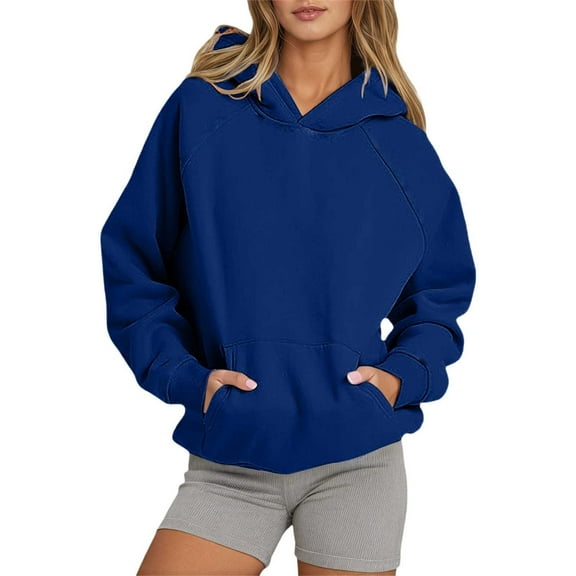 Fgnfyis Women Solid Basic Letter Loose Pullover Hoodie Long Sleeve with Pocket Drop Shoulder Top Blue L