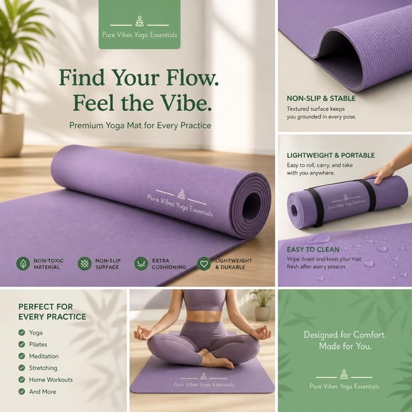 Tapete de Yoga Pure Vibes Yoga Essentials Ym p2023 Espesor 6mm Antideslizante 183x61cm